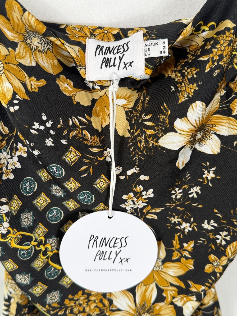 Princess Polly Lucci Mini Black & Gold Floral Chain Print Dress. Size 2. NWT - Picture 5 of 8